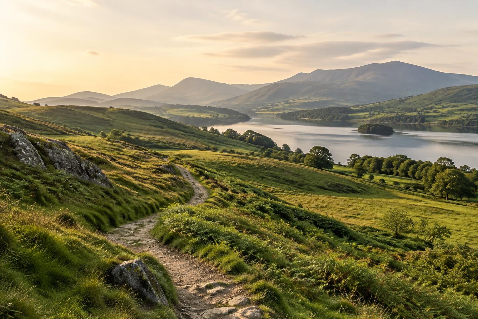 Sunlit green hills and a peaceful lake